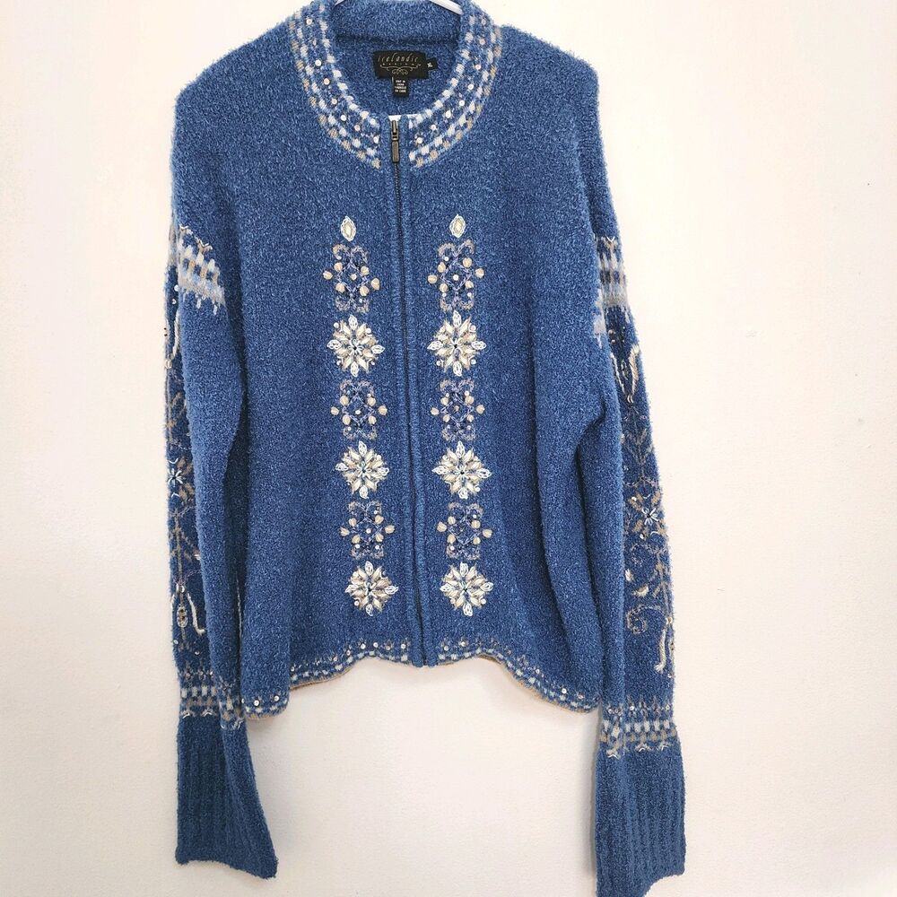ICELANDIC DESIGN Fair Isle Zip Sweater Womens XL Blue Wool Blend Nordic Sequin